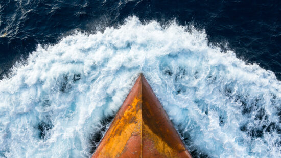 Forward part of cargo ship.