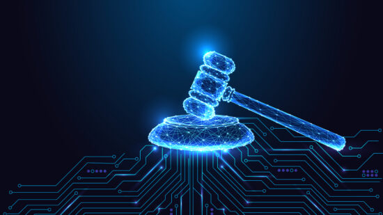 AI ethics and justice concept with judge gavel and digital circuit board, legal tech vector illustration